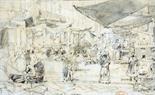 HENRI LOUIS SCOTT(1846 - 1884) Framed, unsigned, French pencil sketch on paper, busy market scene