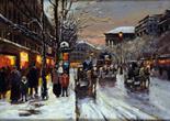 ROBERT DE CHATELENNE. Framed, signed oil on canvas, Parisian winter street scene with horse drawn