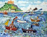 SIMEON STAFFORD (b.1956) Unframed, signed, oil on canvas, Naïve busy Cornish seascape, with
