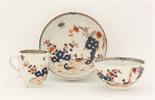 Lowestoft Redgrave Pattern,c.1760, a Coffee Cup and Saucer and small Bowl, each painted in