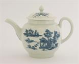 A Worcester blue and white printed Teapot and Cover,c.1760, of globular shape, printed in `The Man