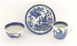 A Worcester blue and white Trio,c.1775-1790, in the `Fisherman and Cormorant` pattern, hatched