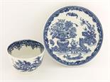 A Worcester blue and white Tea Bowl and Saucer,c.1780, printed in `The Bat` pattern, disguised