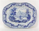 A Minton `English Scenery Series` blue and white pottery Meat Dish,c.1825-35, Grantully Castle, Pert