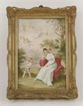 A Vienna porcelain Plaque,c.1900, painted with a maiden seated on a bench in a garden, mooning