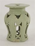 A celadon stoneware Garden Seat,c.1885, probably French, the hexagonal top on a foliage pierced balu