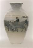 A Royal Copenhagen Vase,1929, painted by Gotfried Rose with a girl herding cattle on a lakeside appr