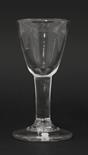 A heavy Wine Glass,c.1750-1770, having a round funnel bowl on a plain stem and conical foot,13cm