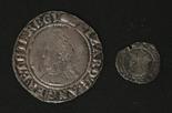 Elizabeth I, shilling, MM TON 1592-1595 (F), and a penny MM MARLET 1560-1561 (2)