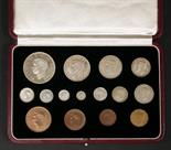 George VI, fifteen coin specimen set 1937, crown to farthing, and four Maundy coins, in original