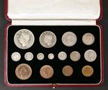 George VI, fifteen coin specimen set 1937, crown to farthing, and four Maundy coins, in original