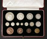 George VI, fifteen coin specimen set 1937, crown to farthing, and four Maundy coins, in original