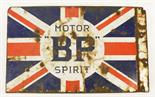 A  BP MOTOR SPIRIT DOUBLE SIDED ENAMEL SIGN c1920/30 with union flag design^ one end with section