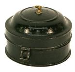AN EARLY 19TH CENTURY TINNED IRON SPICE BOX^ with domed hinged cover and six internal vacant