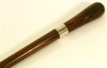 A LATE 19TH/EARLY 20TH CENTURY WHITE METAL BANDED ROSEWOOD WALKING CANE with rounded handle^ white