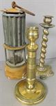 A miner's lamp "By The Premier Lamp & Engineering Co. Ltd, Leeds" and two brass candlesticks.