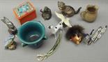 A collection of doll's house china and items, pottery animals, treen etc.