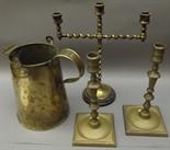 A Victorian brass jug with a tablet stamped R.SEARLES SELLING, height 22.5cm, together with a pair