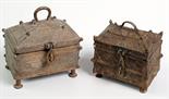 Two Indian cast bronze caskets. Condition Report: casket 1. Height 16cm, width 15cm, depth 12cm