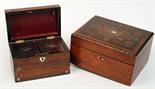 A rosewood veneered tea caddy and a Victorian work box.