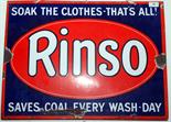 A 'Rinso Soak the Clothes - That's All! Saves Coal Every Wash-Day' blue ground enamel advertising