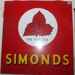 A 'Simonds The Hop Leaf' enamel advertising sign on red ground, 90 x 83cm.