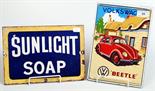 Two advertising signs, one 'Volkswagen Beetle', 18 x 25.5cm, the other 'Sunlight Soap', 25.5 x