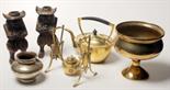 A finely engraved eastern brass footed bowl, an engraved white metal eastern small pot and a brass