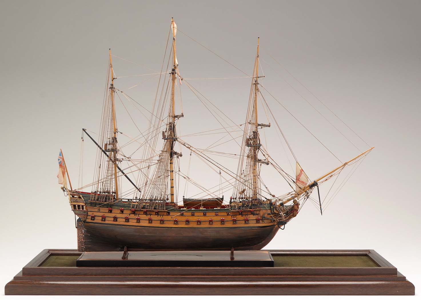 Brass cased model of HMS Bellona, a thirdrate ship of the line, rigged