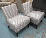 BEDROOM CHAIRS, a pair, in a geometric pattern on square ebonised supports, 63cm. (2) (with faults)