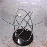 LAMP TABLE, with circular bevelled glass top on chrome supports and black lacquer base, 56cm H x