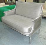 SOFA, in silvered distressed frame with grey silk fabric, 124cm x 98cm H x 68cm.