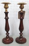 CANDLESTICKS, a pair, turned wood with gilt metal tops, 37cm H. (2)