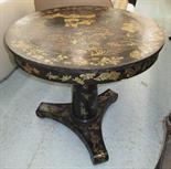 CENTRE TABLE, Chinese style in black lacquer on triform support, 79cm diam x 71cm H.