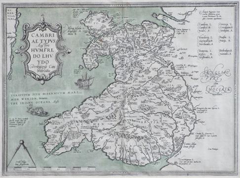 Ortelius Abraham Cambriae Typus Map Of Wales After Humphrey Lhuyd With Large Strapwork Title Ca