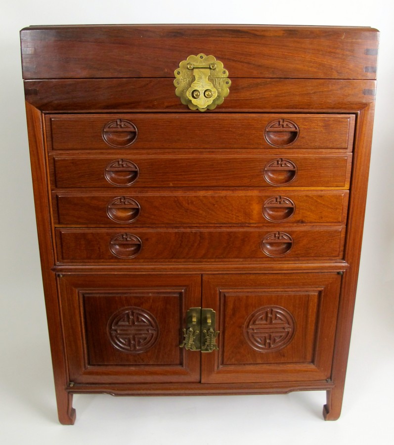 A Chinese rosewood cutlery of rectangular shape with hinged top