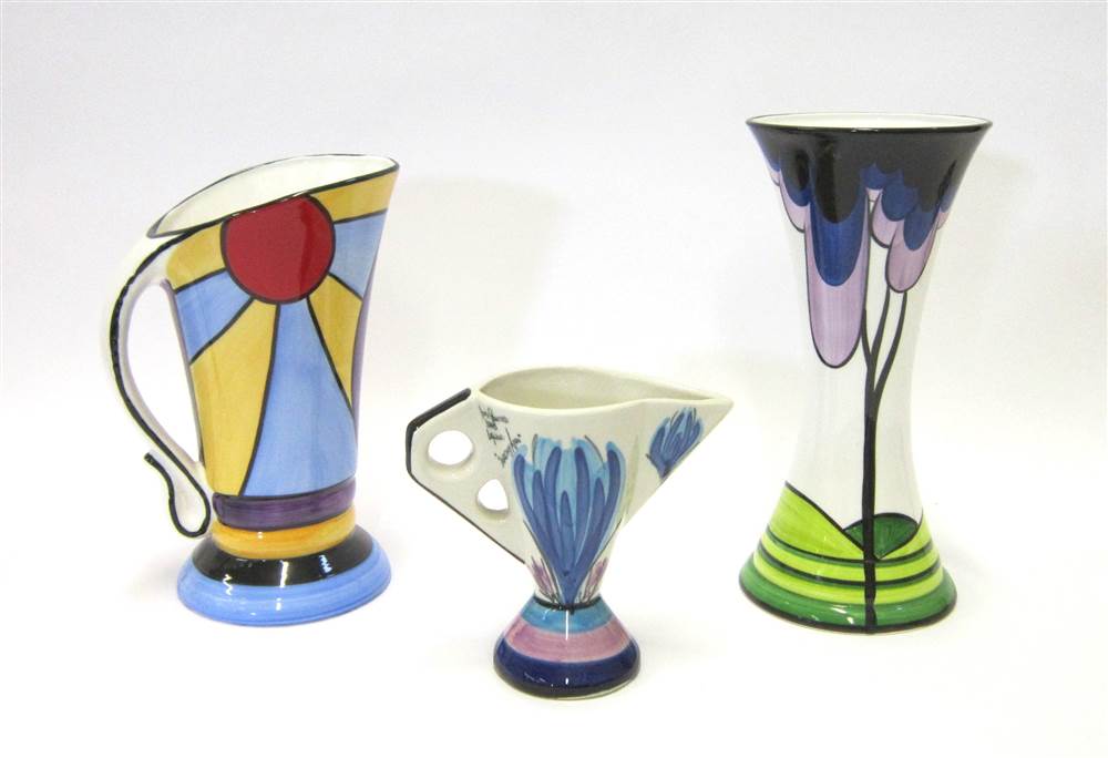 A BRIAN WOOD ART DECO STYLE POTTERY VASE AND JUG The taller titled `Elm