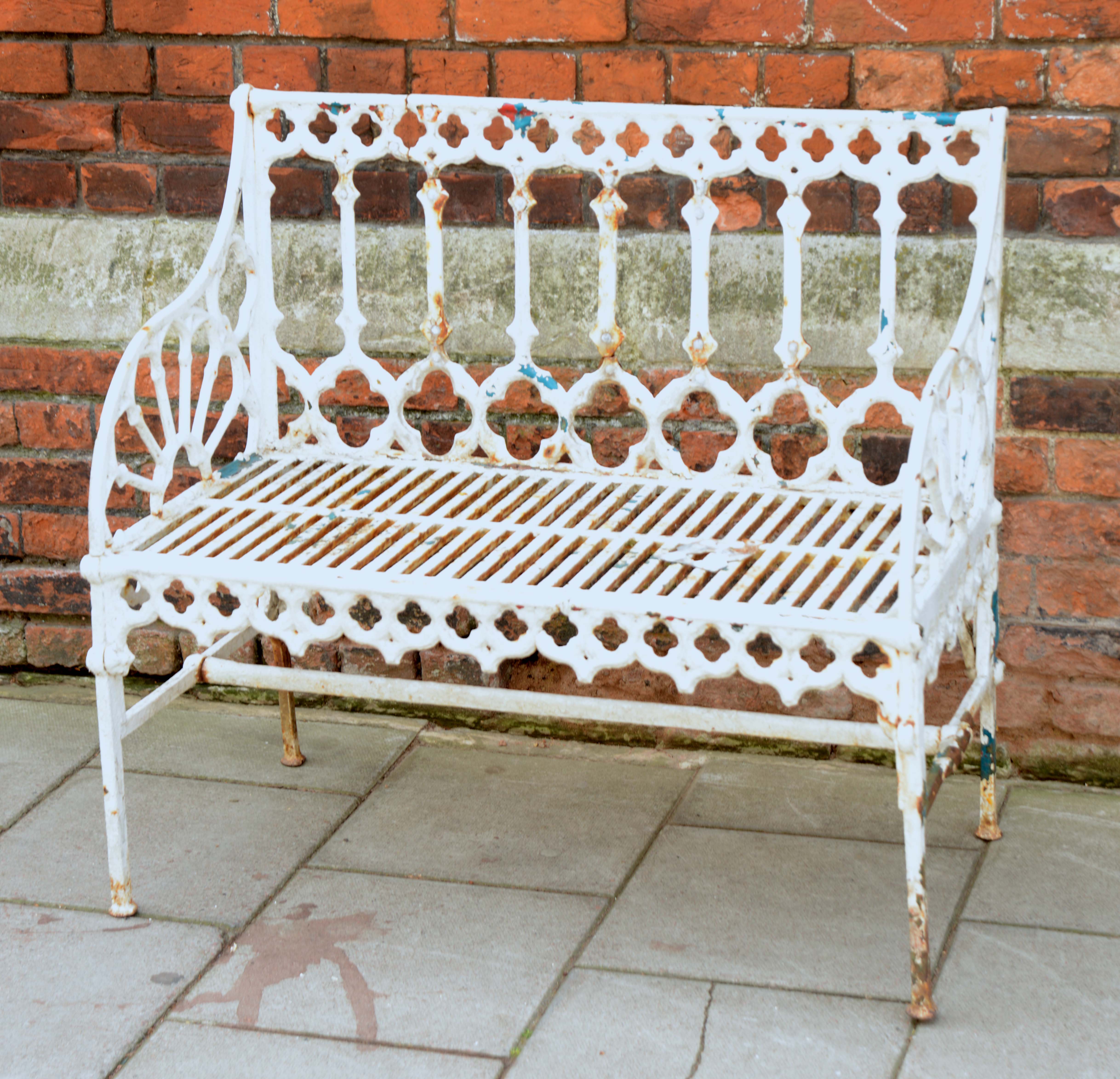 A Victorian Cast Iron Garden Bench With Gothic Arch Decoration And