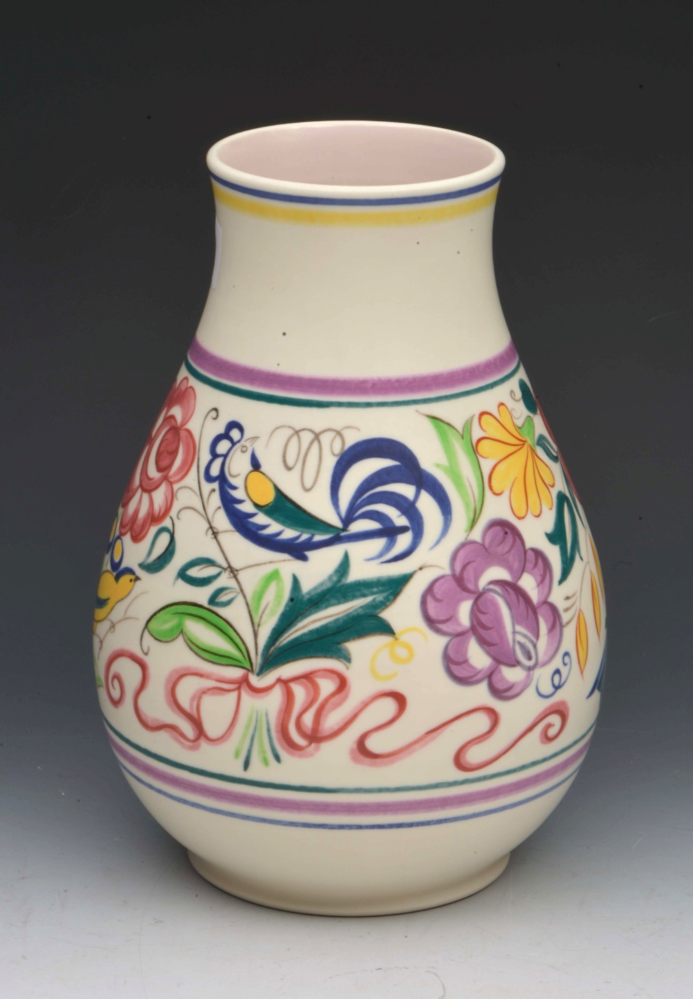 A Poole Pottery `Yellow Bird` vase, shape no. 337, pattern no. LE, 25cm