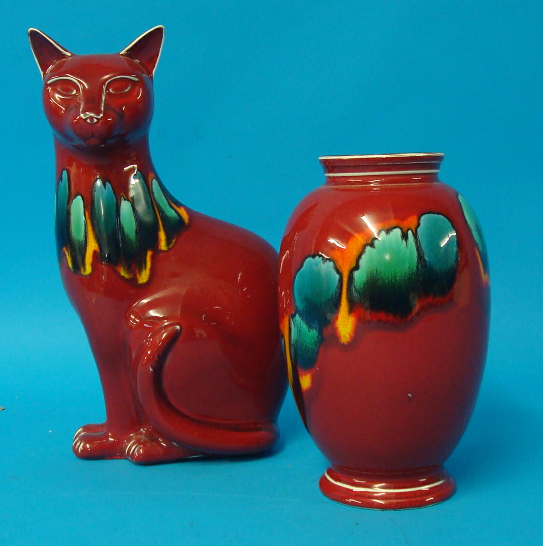 Poole pottery red cat and similar vase (2)