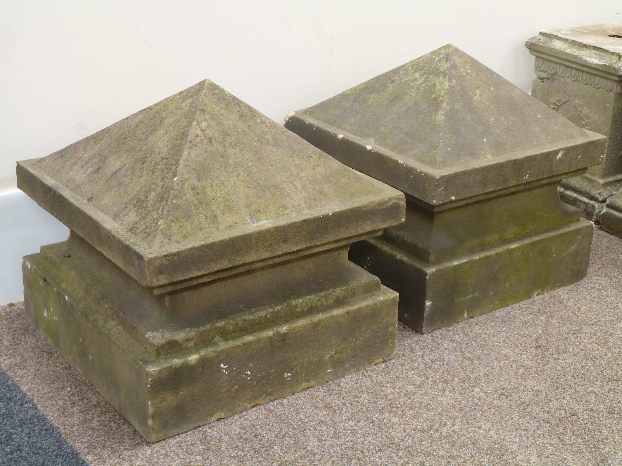 Pair Victorian stone gate post caps, 48cm square