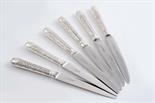 A SET OF SIX VICTORIAN TABLE KNIVES Elizabethan pattern with later stainless steel blades,