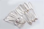 A MODERN SET OF TWELVE PAIRS OF FISH KNIVES & FORKS with pointed terminals & thread bordered