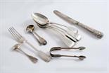 A MIXED LOT: Five various antique Fiddle dessert spoons, either crested or initialled, a dessert