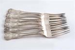 A SET OF FIVE GEORGE III HOURGLASS PATTERN TABLE FORKS (Union Shell heel), by Sarah & John Blake,