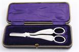 A PAIR OF EDWARDIAN BRIGHT-CUT GRAPE SHEARS maker`s mark "A&D", Sheffield 1908 (fitted case);   6.1"