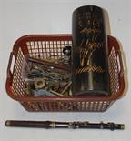 Mixed lot to include; wind instrument, assorted spectacles, brasswares, bamboo vase etc