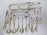Three pairs of silver Sugar Tongs^a  plated pair of William IV fiddle pattern Salt Spoons^ London