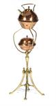 A W A S BENSON COPPER AND BRASS KETTLE AND MUFFINEER ON STANDwith wicker wrapped handle, with spirit