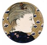 AN AESTHETIC MOVEMENT EARTHENWARE PLAQUE BY WILLIAM JAMES NEATBY (1860-1910) painted with the head